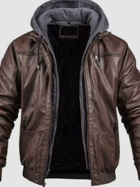 🔥NWT Creatmo US 2-in-1 Hooded Moto Bomber – Rugged Brown Faux Leather –size XL